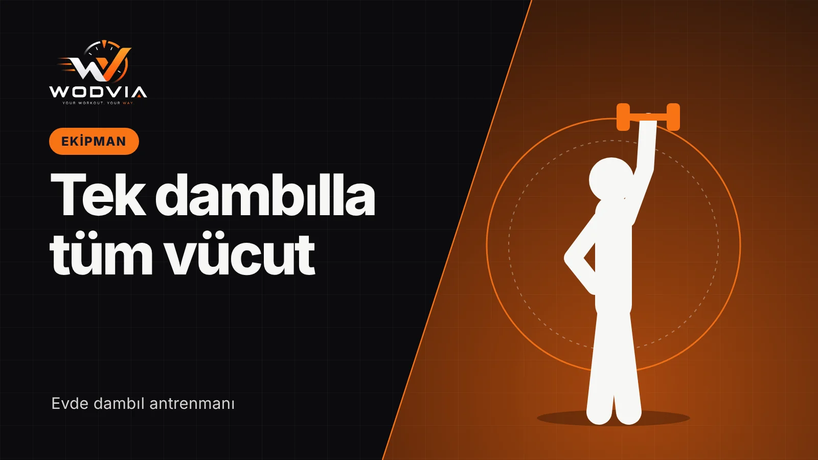 WODVIA blog kapağı: “Dambıl ile Evde Antrenman: Tek Dambılla Tüm Vücut Çalışması” başlığı ve tek dambılla tek kol omuz presi yapan sporcu çizimi