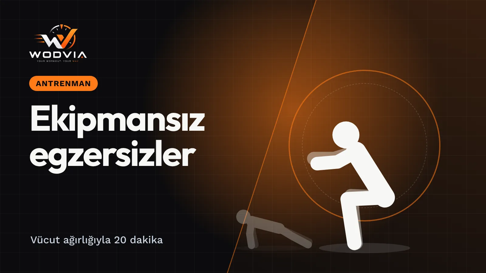 WODVIA blog kapağı: “Ekipmansız Egzersizler: Evde Vücut Ağırlığıyla Antrenman” başlığı ve squat yapan sporcu çizimi