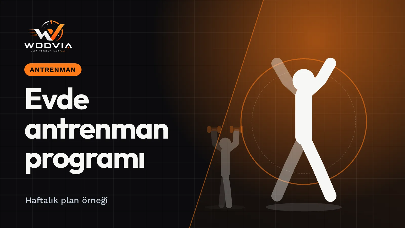 WODVIA blog kapağı: “Evde Antrenman Programı: Haftalık Plan Örneği ve İpuçları” başlığı ve açılıp kapanarak zıplayan sporcu çizimi